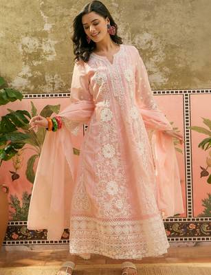 peach thread embroidered silk blend stitched anarkali trouser salwar suit set 3
