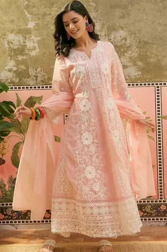 peach thread embroidered silk blend stitched anarkali trouser salwar suit set