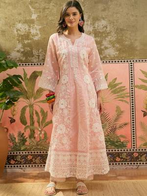 peach thread embroidered silk blend stitched anarkali trouser salwar suit set 4