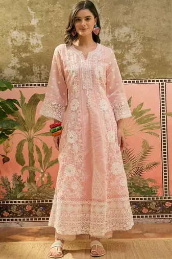 peach thread embroidered silk blend stitched anarkali trouser salwar suit set