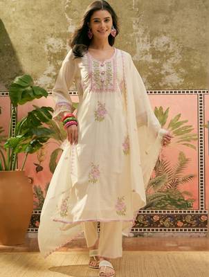 off-white floral embroidered   cotton stitched straight trouser salwar suit set 1