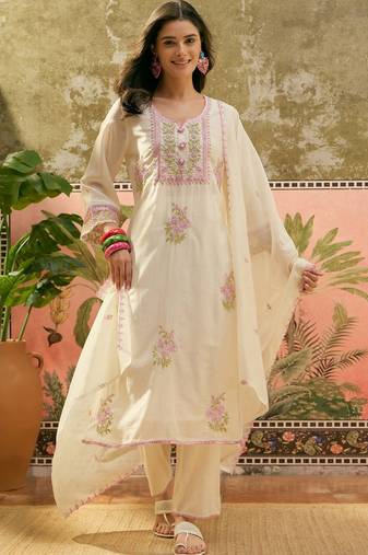 off-white floral embroidered   cotton stitched straight trouser salwar suit set