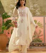 off-white floral embroidered   cotton stitched straight trouser salwar suit set