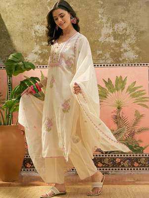 off-white floral embroidered   cotton stitched straight trouser salwar suit set 2