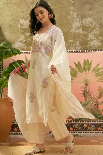 off-white floral embroidered   cotton stitched straight trouser salwar suit set
