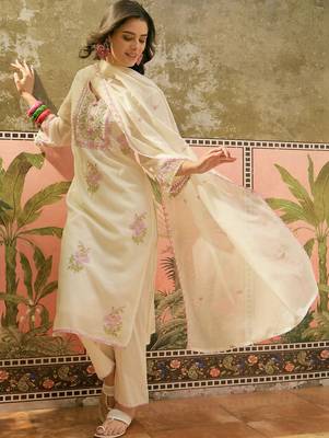 off-white floral embroidered   cotton stitched straight trouser salwar suit set 3