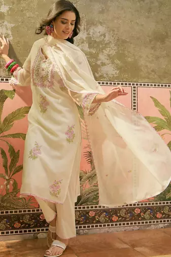 off-white floral embroidered   cotton stitched straight trouser salwar suit set