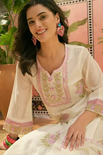 off-white floral embroidered   cotton stitched straight trouser salwar suit set