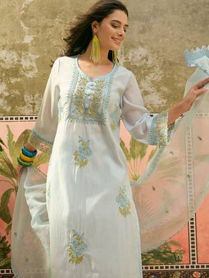 sky blue floral embroidered   cotton stitched straight trouser salwar suit set 2
