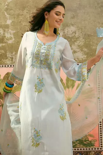 sky blue floral embroidered   cotton stitched straight trouser salwar suit set