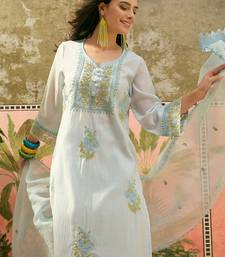 sky blue floral embroidered   cotton stitched straight trouser salwar suit set