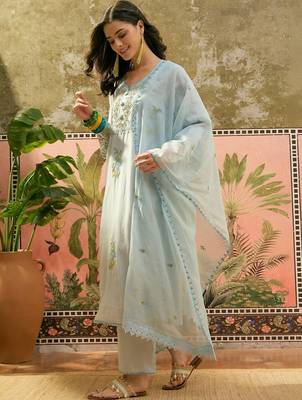 sky blue floral embroidered   cotton stitched straight trouser salwar suit set 3