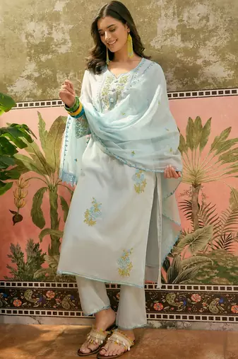 sky blue floral embroidered   cotton stitched straight trouser salwar suit set