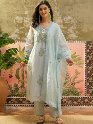 sky blue floral embroidered   cotton stitched straight trouser salwar suit set 4