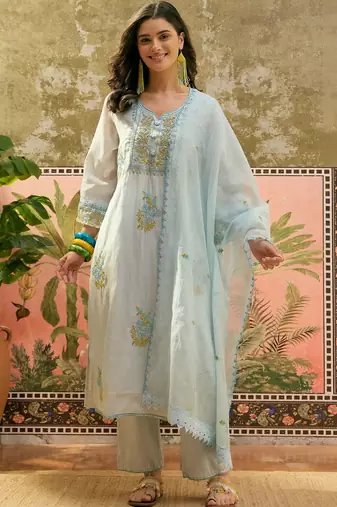 sky blue floral embroidered   cotton stitched straight trouser salwar suit set
