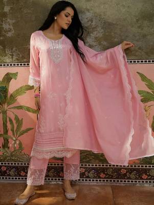 pink ethnic motifs embroidered silk blend stitched straight trouser salwar suit set 1