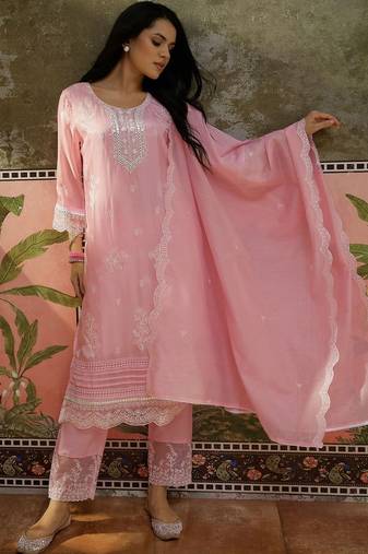 pink ethnic motifs embroidered silk blend stitched straight trouser salwar suit set