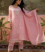 pink ethnic motifs embroidered silk blend stitched straight trouser salwar suit set
