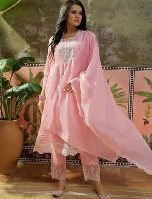 pink ethnic motifs embroidered silk blend stitched straight trouser salwar suit set 2