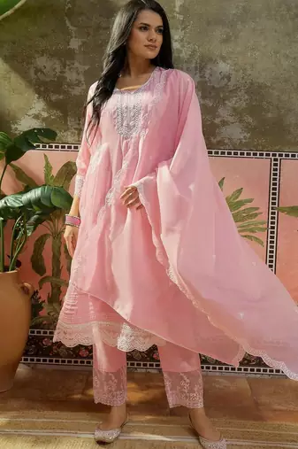pink ethnic motifs embroidered silk blend stitched straight trouser salwar suit set