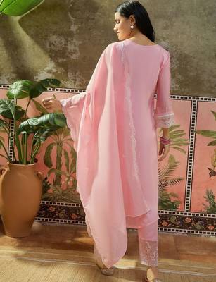 pink ethnic motifs embroidered silk blend stitched straight trouser salwar suit set 3