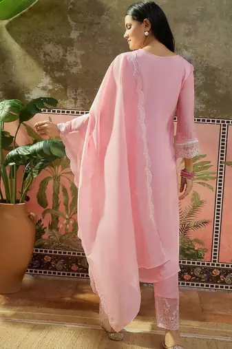 pink ethnic motifs embroidered silk blend stitched straight trouser salwar suit set