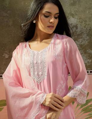 pink ethnic motifs embroidered silk blend stitched straight trouser salwar suit set 4