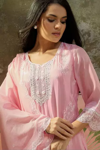 pink ethnic motifs embroidered silk blend stitched straight trouser salwar suit set