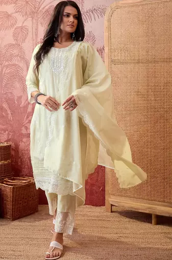 light green ethnic motifs embroidered silk blend stitched straight trouser salwar suit set