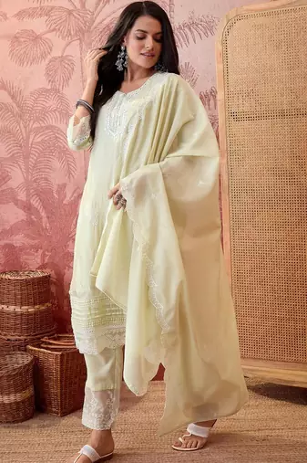 light green ethnic motifs embroidered silk blend stitched straight trouser salwar suit set