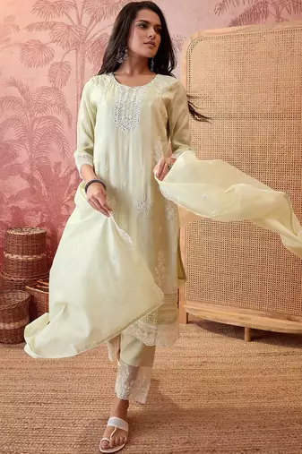light green ethnic motifs embroidered silk blend stitched straight trouser salwar suit set