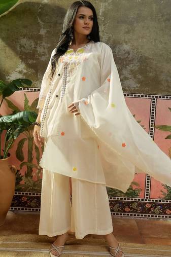 off-white floral embroidered   mul chanderi stitched short anarkali palazzo salwar suit set