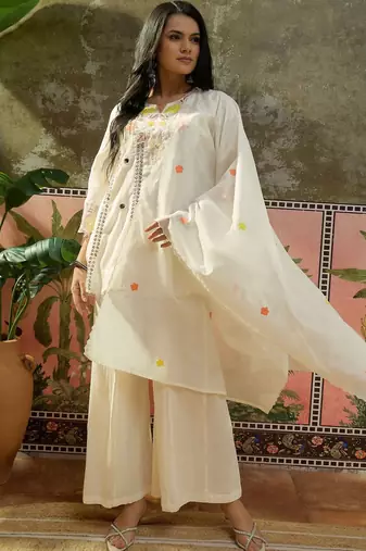 off-white floral embroidered   mul chanderi stitched short anarkali palazzo salwar suit set