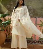 off-white floral embroidered   mul chanderi stitched short anarkali palazzo salwar suit set