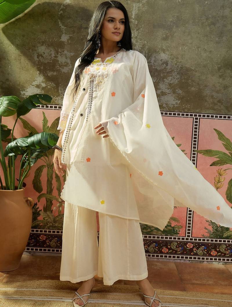 off-white floral embroidered   mul chanderi stitched short anarkali palazzo salwar suit set