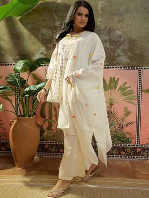 off-white floral embroidered   mul chanderi stitched short anarkali palazzo salwar suit set 2