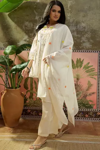 off-white floral embroidered   mul chanderi stitched short anarkali palazzo salwar suit set
