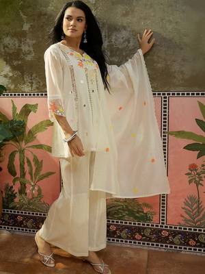 off-white floral embroidered   mul chanderi stitched short anarkali palazzo salwar suit set 3
