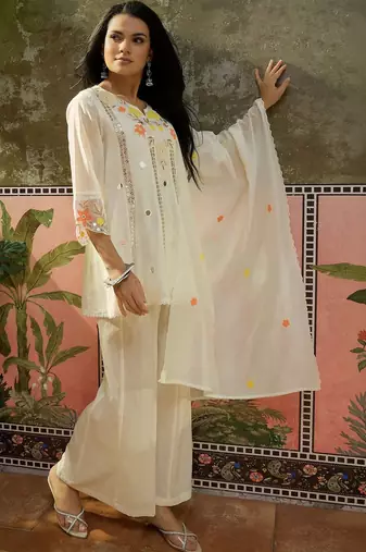 off-white floral embroidered   mul chanderi stitched short anarkali palazzo salwar suit set
