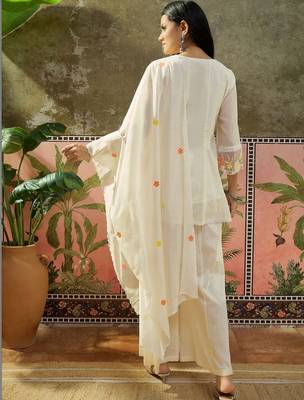 off-white floral embroidered   mul chanderi stitched short anarkali palazzo salwar suit set 4