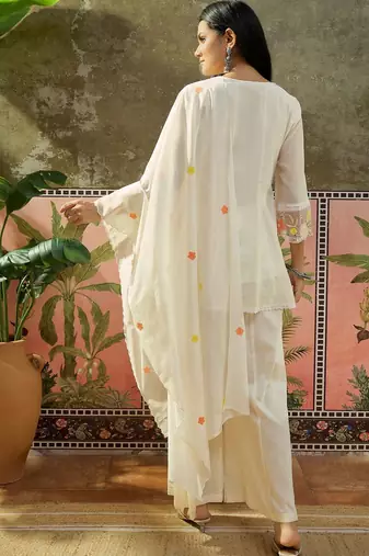 off-white floral embroidered   mul chanderi stitched short anarkali palazzo salwar suit set