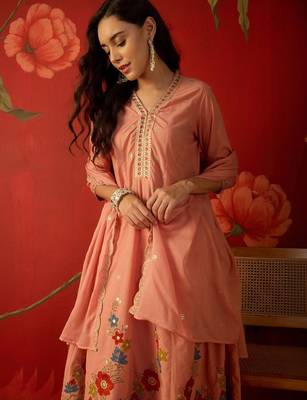 peach floral embroidered silk blend stitched a-line trouser salwar suit set 2