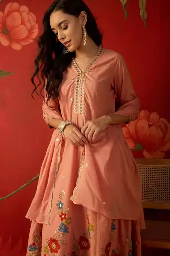 peach floral embroidered silk blend stitched a-line trouser salwar suit set