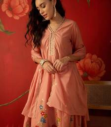 peach floral embroidered silk blend stitched a-line trouser salwar suit set