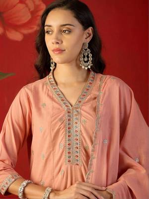 peach floral embroidered silk blend stitched a-line trouser salwar suit set 3