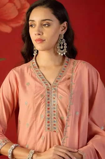 peach floral embroidered silk blend stitched a-line trouser salwar suit set