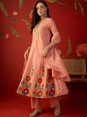 peach floral embroidered silk blend stitched a-line trouser salwar suit set 4