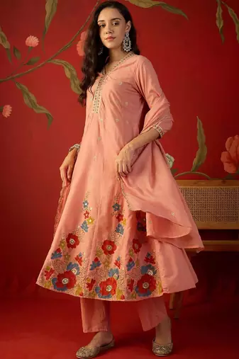 peach floral embroidered silk blend stitched a-line trouser salwar suit set