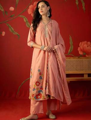 peach floral embroidered silk blend stitched a-line trouser salwar suit set 1