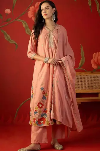 peach floral embroidered silk blend stitched a-line trouser salwar suit set
